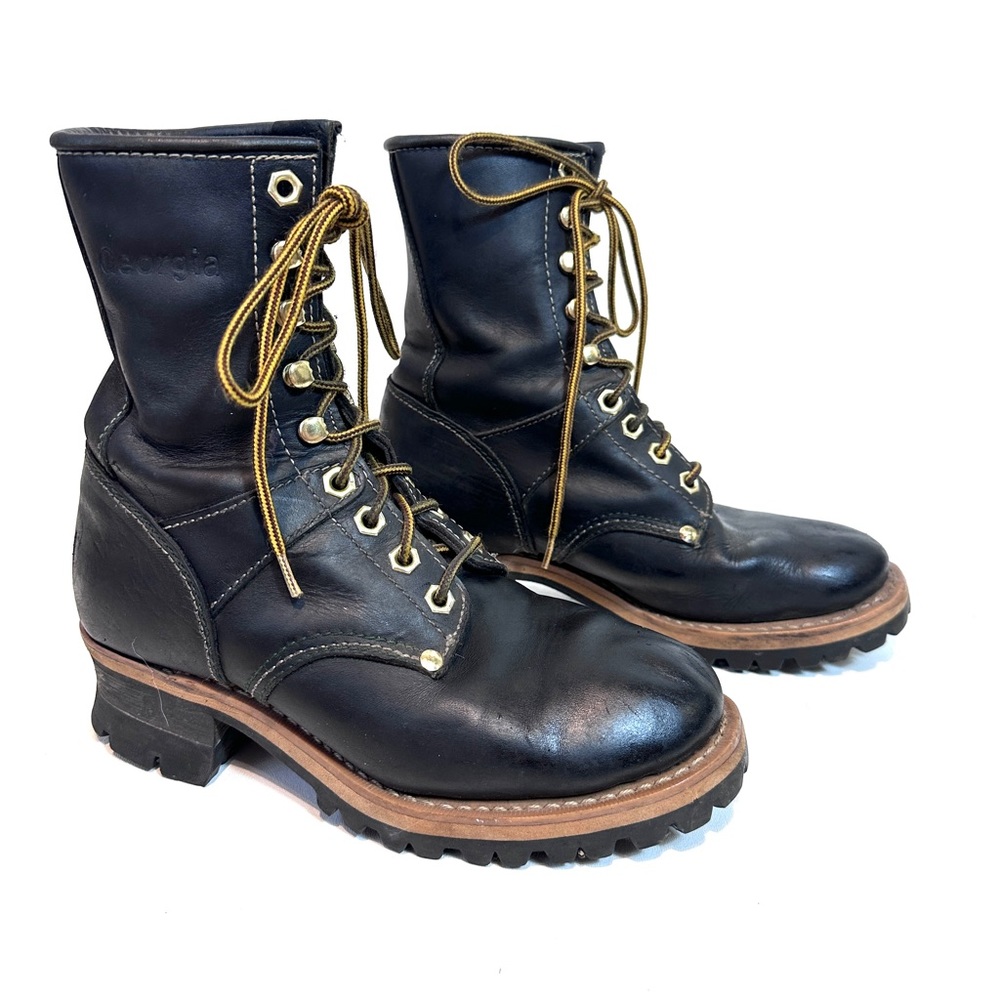 Georgia Boot Black Leather Combat Moto Boots with Brown Sole